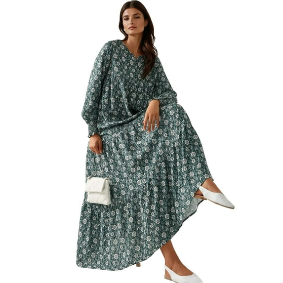 Printed Crew Neck Viscose Maxi Dress