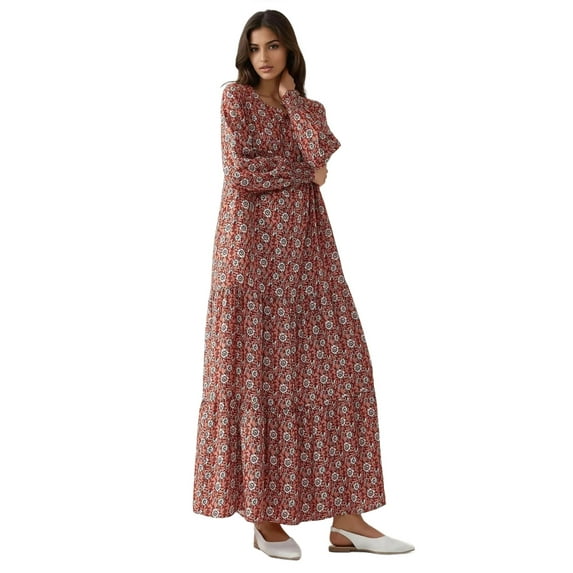 Printed Crew Neck Viscose Maxi Dress