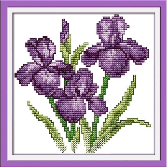 Printed Cross Stitch Kits 11CT 8X8 inch 100% Cotton Holiday Gift DIY Embroidery Starter Kits Easy Patterns Embroidery for Adults Crafts DMC Stamped Cross-Stitch Supplies Needlework Violet Flowers