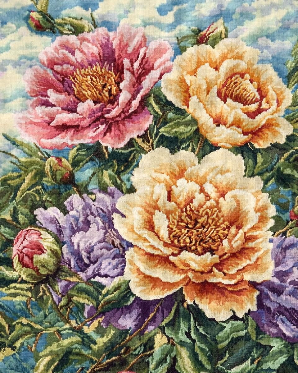 Printed Cross Stitch Kits Peony flowers Embroidery Starter Kit Stamping Kit 16x20in