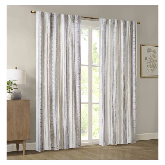 Printed Curtain Panel with Tufted Stripe and Lining White/Brown 50x95"