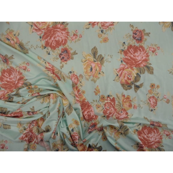 Printed DTY Spandex Stretch Apparel Fabric Light Mint Mauve Pink Floral A409