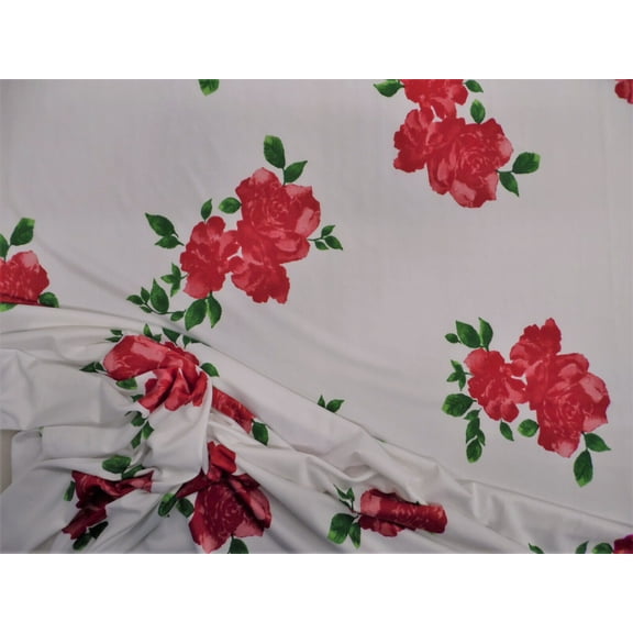 Printed DTY Spandex Stretch Apparel Fabric Red Green White Rose Floral B307