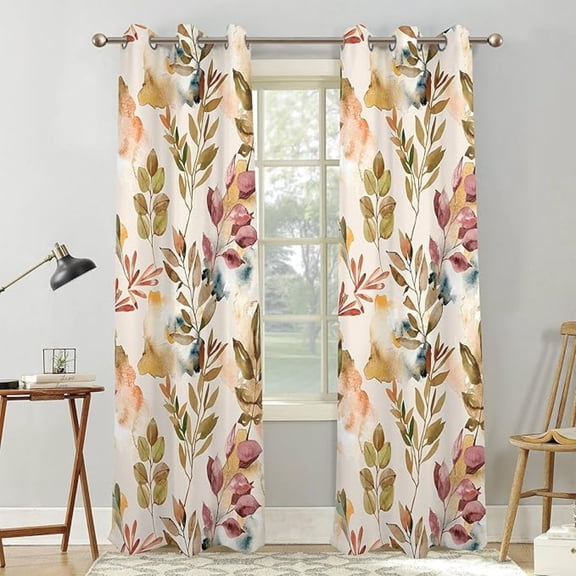 Printed Decorative Curtains For Living Room Modern Beige Leaves Pattern Window Drapes & Curtains, Thermal Insulated Fabric Room Darkening Curtains Pretty Home Decor 26"W x 45"L (Pack of 2)