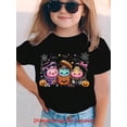 thumbnail image 1 of [Printed Design-Not Textured] Halloween Summer Fashion Girls' Short Sleeve T-Shirt With Spider Web, Bat, And Little Dumpling Wearing A Witch Hat Carto, 1 of 8