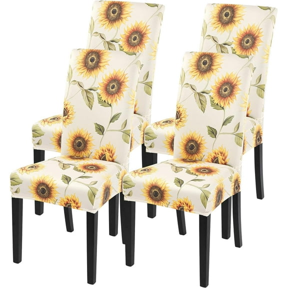 Printed Dining Room Chair Covers Set of 4, Stretch Kitchen Chair Covers Washable Parsons Chair Slipcover Removable Dining Chair Protectors for Hotel,Ceremony(Sunflower)