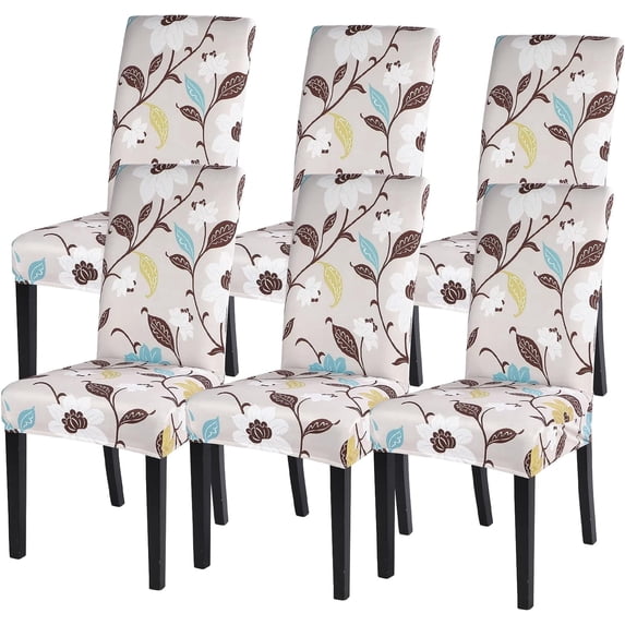 Printed Dining Room Chair Covers Set of 6, Stretch Kitchen Chair Covers Washable Parsons Chair Slipcover Removable Dining Chair Protectors for Hotel,Ceremony(Brown Flower)