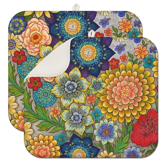 Printed Dish Drying Mat Set for Kitchen Counter Absorbent Reversible Drying Mats Microfiber Kitchen Countertop Protector Dishes Pad 2 Pack Large Dish Drainer Rack Mat, 18" x 16"(Floral)