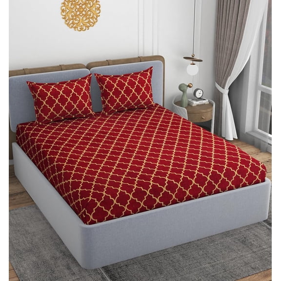Printed Double Bedsheet With 2 Matching Pillow Covers - 72 X 78 X 10 Inches, Maroon | All Around Elastic Fitted King Size Bedsheets | Ideal For Home, Hotel, Bedroom