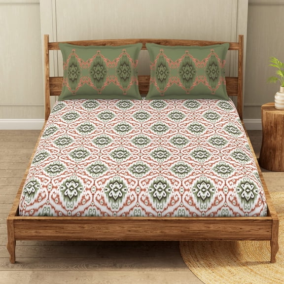 Printed Double Bedsheet For Queen With 2 Pillow Covers | Size 90 X 100 Inches, Light Orange & Green | Wonder Full Cotton Rich Double Bedsheet - Wrinkle Free & Soft Touch