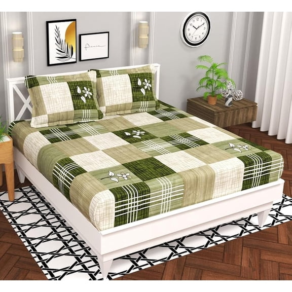 Printed Double Bedsheets With 2 Regular Size Pillow Covers - 86 X 88 Inches, Light Green & White | Collections Soft Breathable Wrinkle Free Texture - Floral Cheks Bedsheet