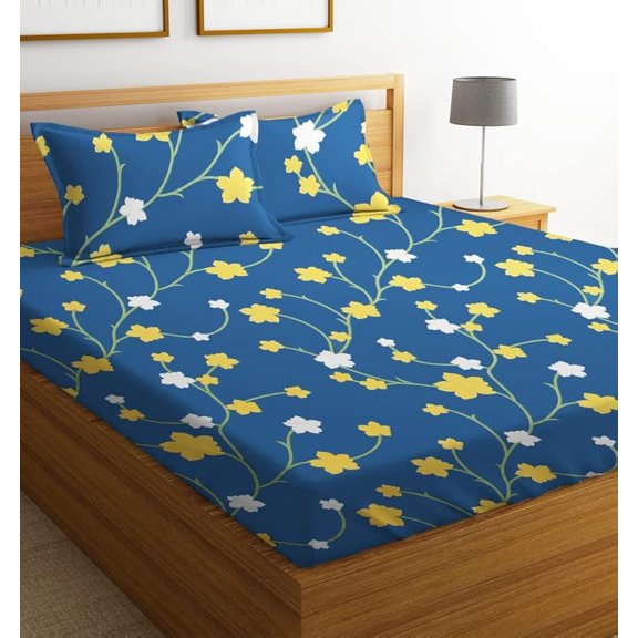 Printed Double Bedsheets King Size With 2 Pillow Cover - 90 X 90 Inches, Blue | Breathable & Wrinkle Free-Super Soft Premium Brushed Glace Cotton Bedsheet