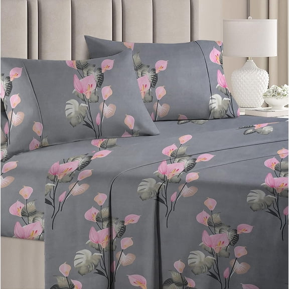 Printed Double Bedsheets With 2 Pillow Covers - 90 X 90 Inches, Grey & Pink | Super Soft Premium Brushed Glace Cotton Bedsheet