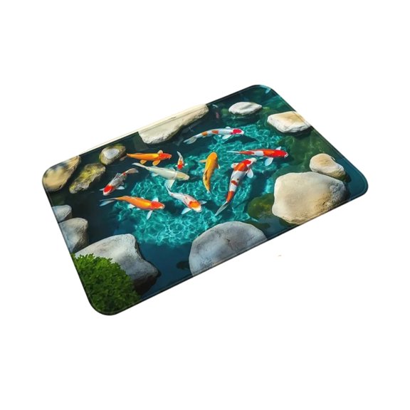 Printed Entry Doormat, 16x24 Inch Indoor Mat - Washable, Soft Velvet Surface, Koi Fish Pond Print - Entryway, Front Door, Bathroom, Kitchen, Bedroom Floor