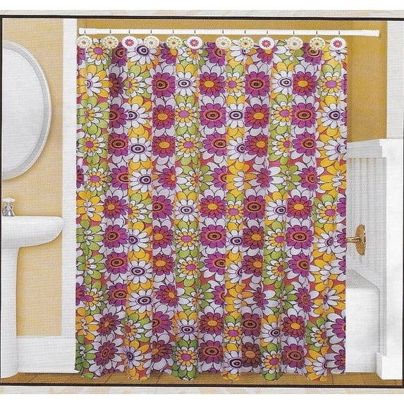 Printed Fabric Shower Curtain Set with 12 Resin Hooks Floral Design