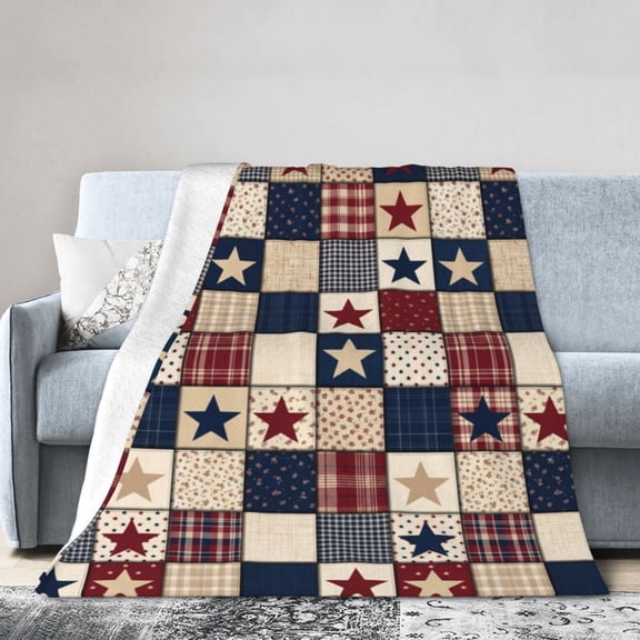 Printed Faux Patchwork Americana Throw Blanket |Country Farmhouse Gifts for Women and Men | Rustic Home Decor for Couch and Bed 50x40