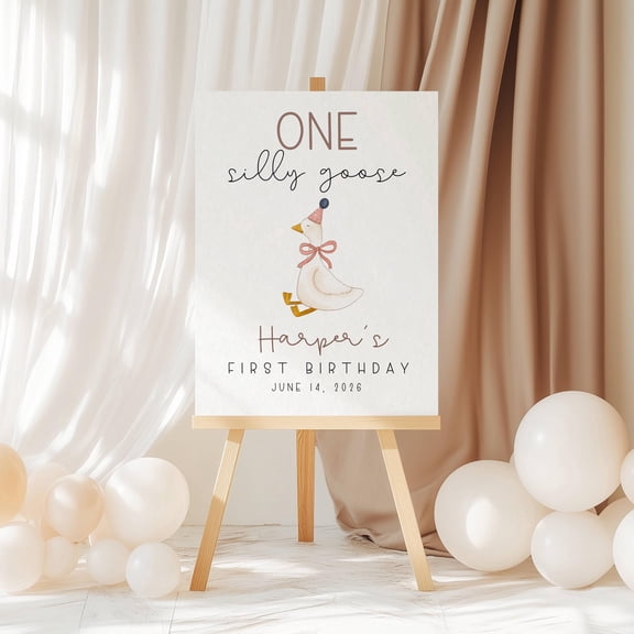 Printed First Birthday One Silly Goose Welcome Sign, Pink, Foam Board Or Rolled Poster, Poster Only