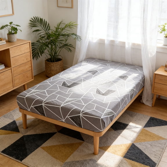 Printed Fitted Sheet, Gray Polyester Bed Sheet Cover, Protective Breathable Stretch Fit, Wrinkle-Resistant Elastic Deep Pocket for Mattress or Box Spring