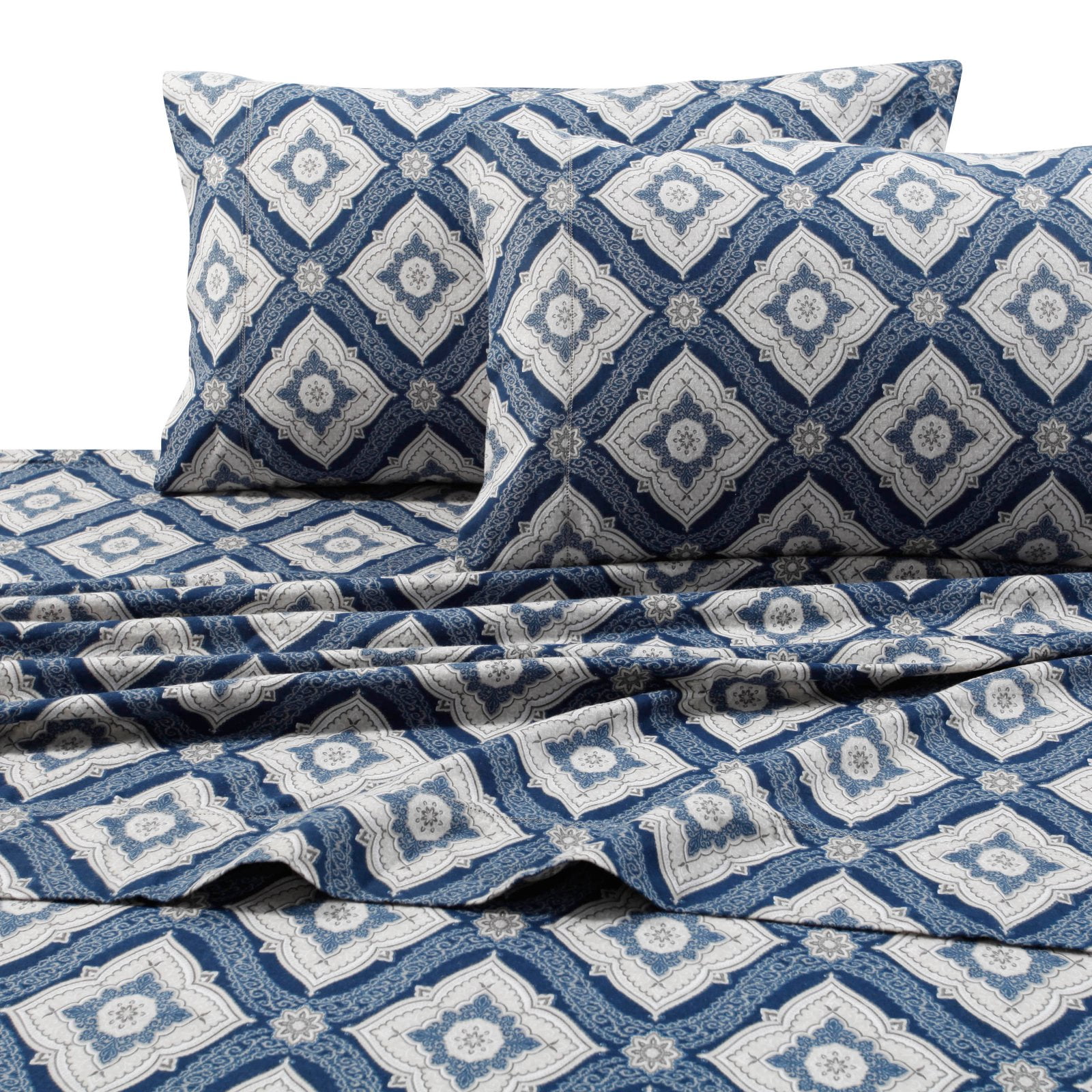 Full Gray and Blue Cotton Flannel Damask Sheet Set