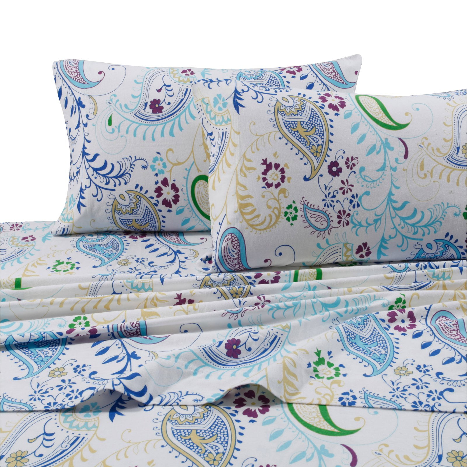 Queen White Paisley Print Cotton Flannel Sheet Set