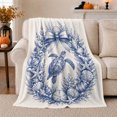 Line Shell Blue Printed Flannel Throw Blanket Blue Sea Turtle with Shell Wreath and ...