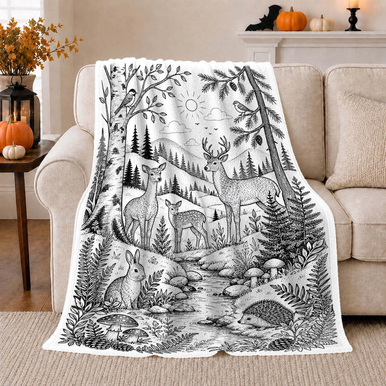 Printed Flannel Throw Blanket Deer Family and Woodland Stream with ...