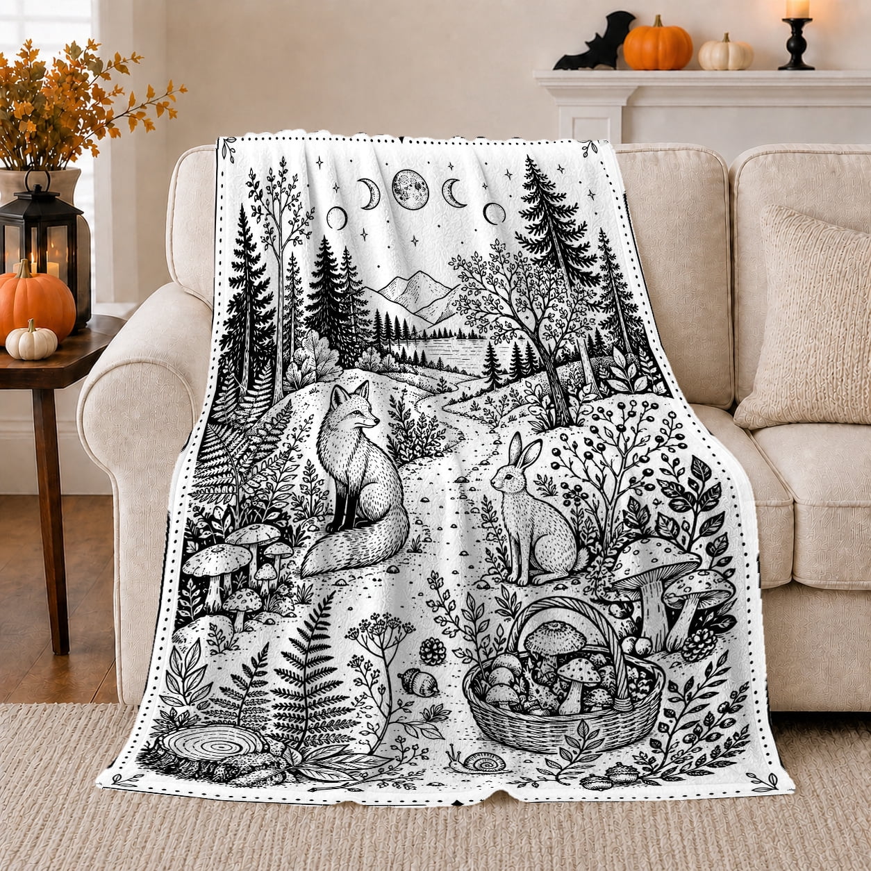 Printed Flannel Throw Blanket Fox and Rabbit Woodland with Mushrooms ...