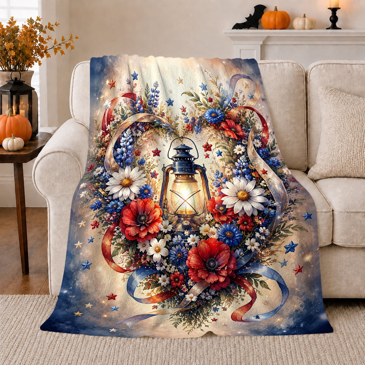Flower Ribbion Printed Flannel Throw Blanket Glowing Lantern with Red White and Blue ...