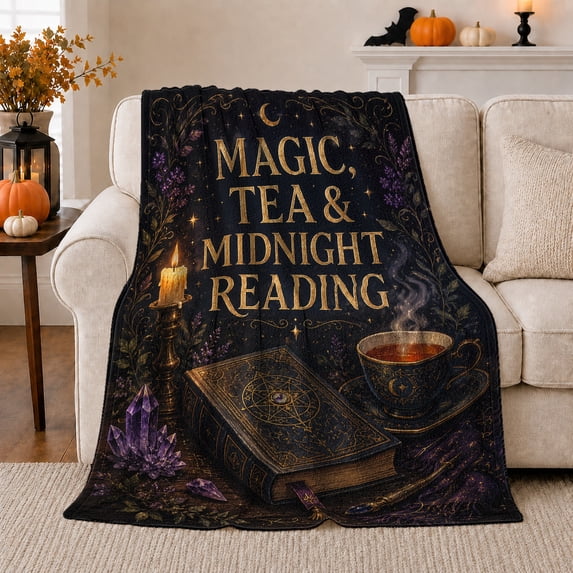 Winter Magic Lettering Printed Flannel Throw Blanket Magic, Tea & Midnight Reading with Book ...