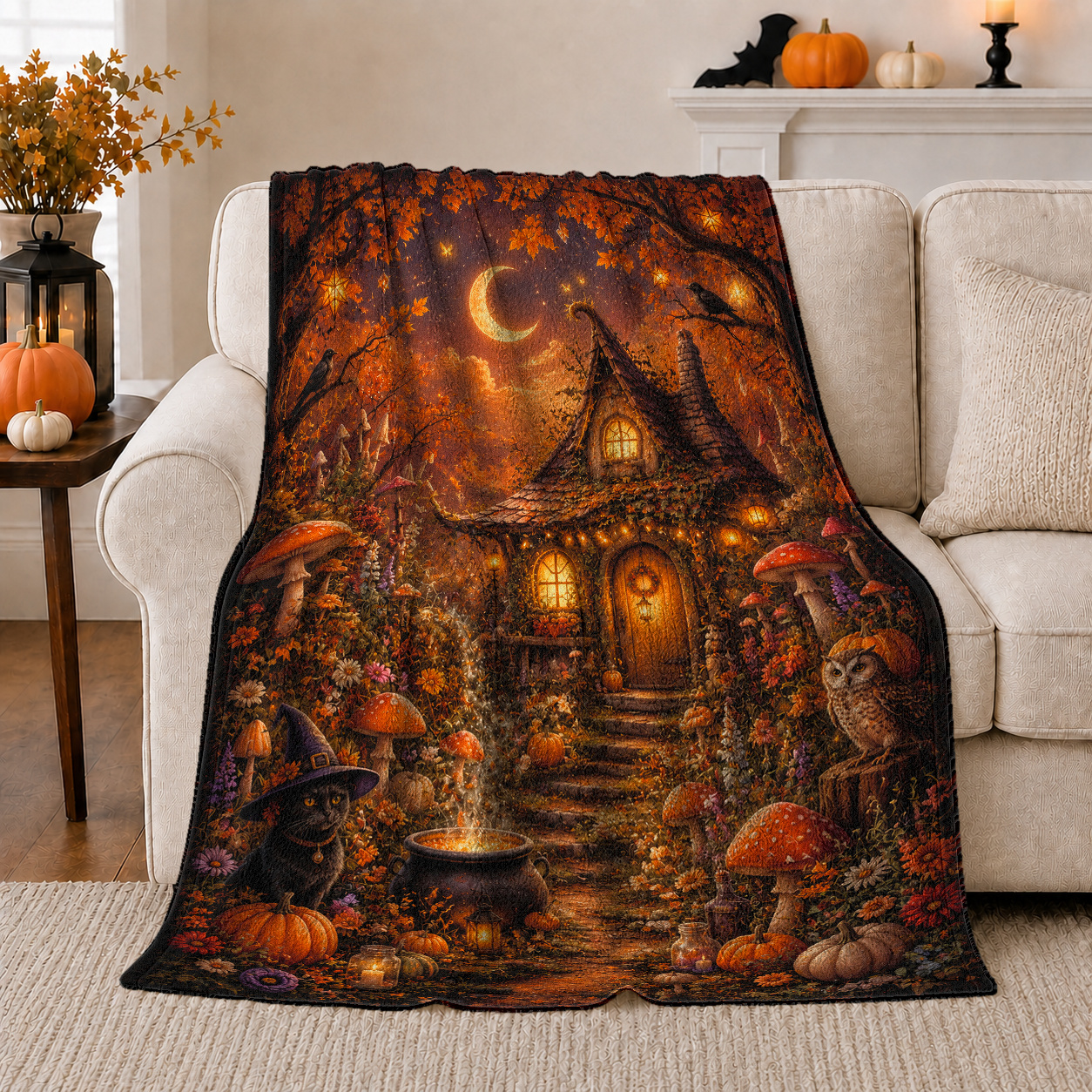 Printed Flannel Throw Blanket Moonlit Cottage With Witch Hat Cat Owl 
