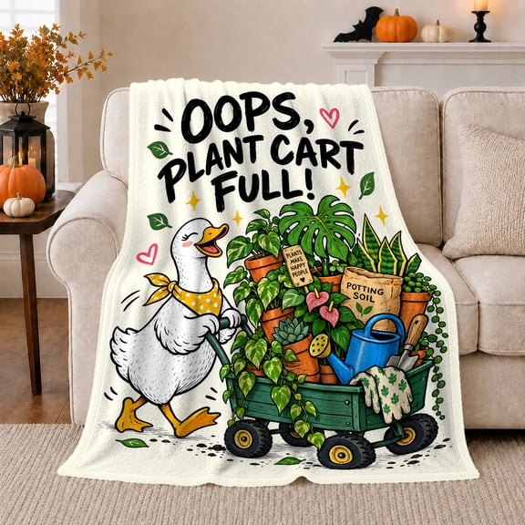 Printed Flannel Throw Blanket Oops Plant Cart Full Duck with Gardening Wagon