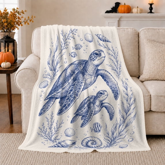 Line Shell Blue Printed Flannel Throw Blanket Two Blue Sea Turtles with Fish and Shells ...