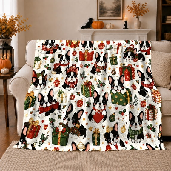 Printed Flannel Throw Blanket with Adorable Boston Terrier Christmas Dogs Presents Festive Holiday