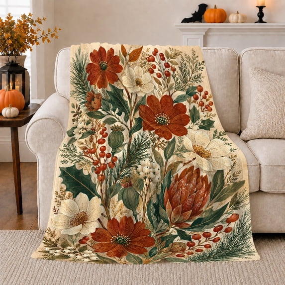 Printed Flannel Throw Blanket with Autumn Botanical Harvest Pumpkin Mantel