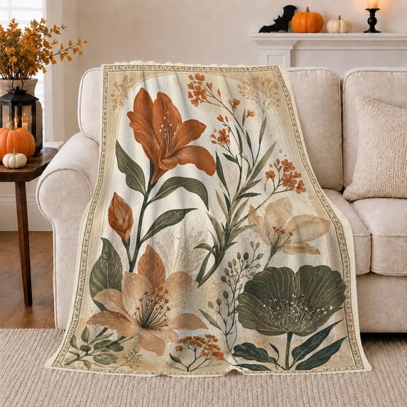 Printed Flannel Throw Blanket with Autumn Harvest Floral Lily Mantelpiece
