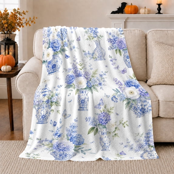 Printed Flannel Throw Blanket with Blue Porcelain Vases Peonies Hydrangeas Butterflies Calm Chinoiserie Floral Art