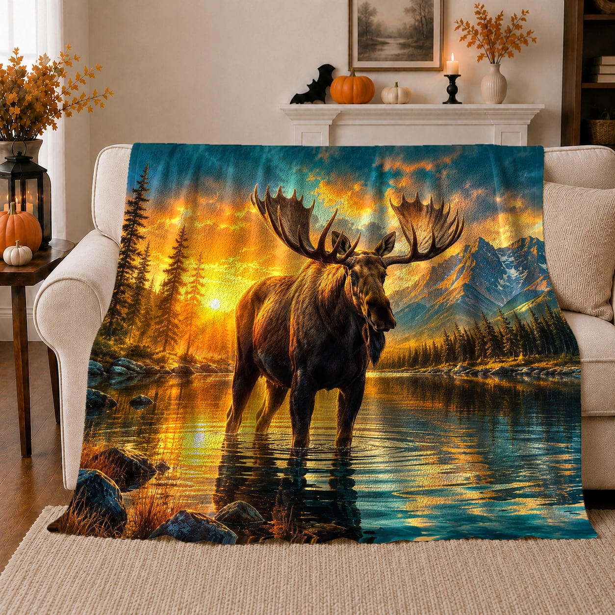 Refelectin Printed Flannel Throw Blanket with Bull Moose In Sunset Water ...