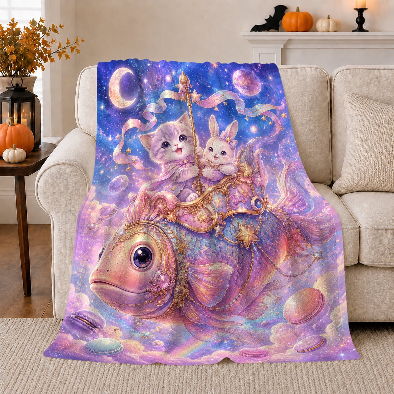 Printed Flannel Throw Blanket with Celestial Fantasy Kitten Bunny ...