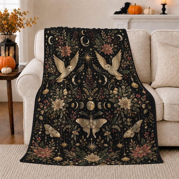 Printed Flannel Throw Blanket with Celestial Moths Barn Owls Holiday