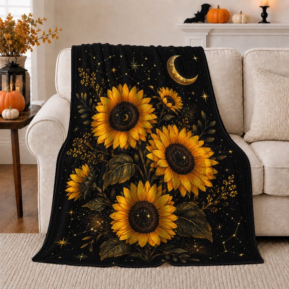 Printed Flannel Throw Blanket with Celestial Sunflower Night Sky