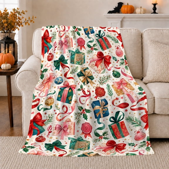 Printed Flannel Throw Blanket with Cheerful Christmas Box Pattern Watercolor Holiday Ornaments Art