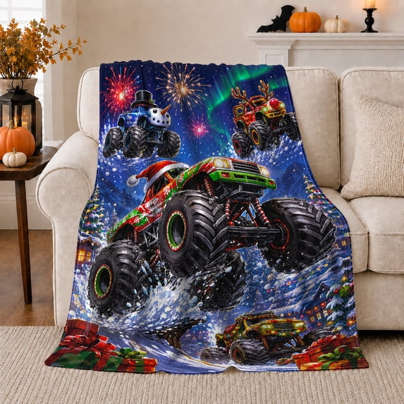 Printed Flannel Throw Blanket with Christmas Monster Trucks and Snowy Village