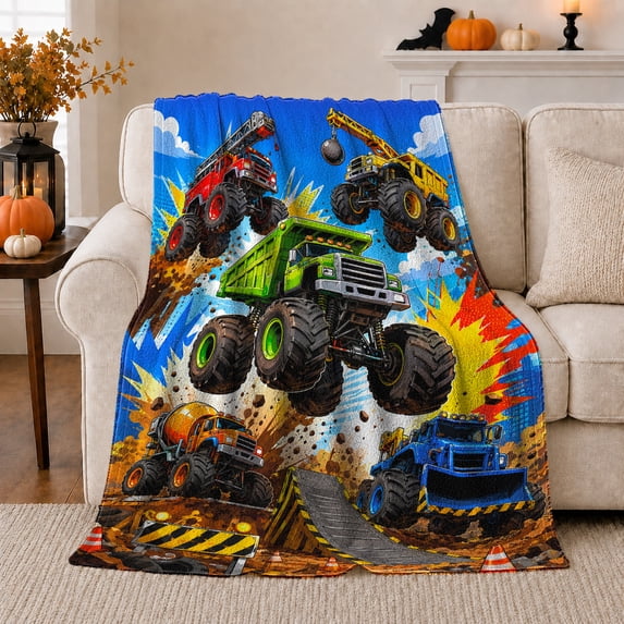 Printed Flannel Throw Blanket with Dynamic Construction Monster Truck Stunt