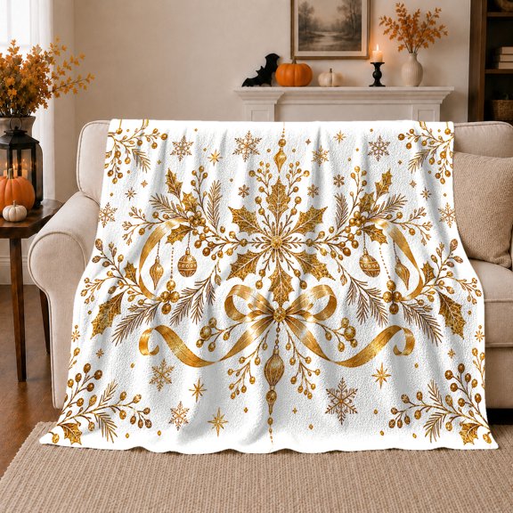 Printed Flannel Throw Blanket with Elegant Gold Holly Snowflake Christmas