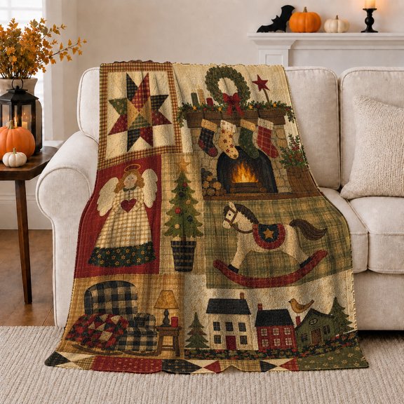 Printed Flannel Throw Blanket with Folk Art Christmas Blessings Fireplace Angel Stockings