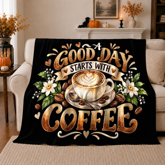 Printed Flannel Throw Blanket with Good Day Starts Coffee Cup Latte Art Autumn
