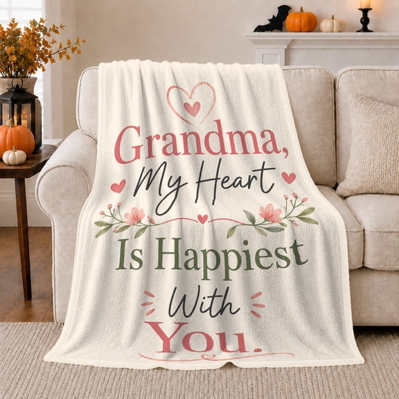 Printed Flannel Throw Blanket with Grandma My Heart Is Happiest You Typographic