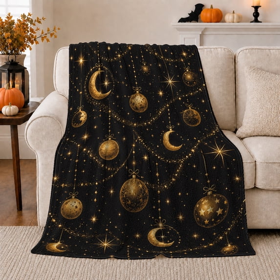 Printed Flannel Throw Blanket with Hanging Golden Moons And Ornamental Celestial Garlands