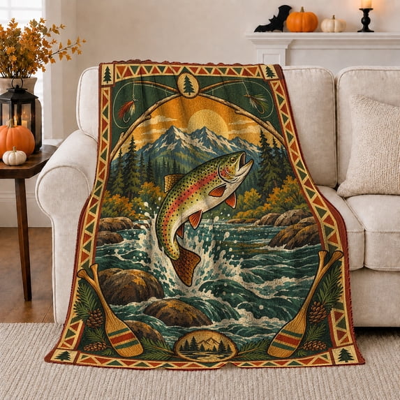 Fishing Rond Printed Flannel Throw Blanket with Leaping Trout, Mountain River ...