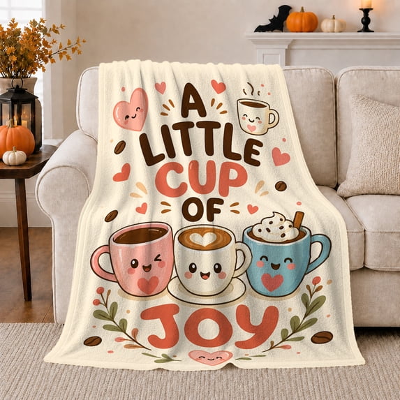 Printed Flannel Throw Blanket with Little Cup of Joy Lettering Print